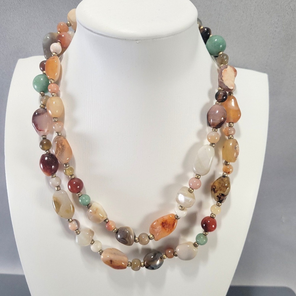 Mixed Gemstone Necklace Amethyst Agate Aventurine Quartz Tumbled Bead Long Boho